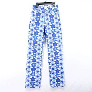 Zara Pants Womens 0 Blue 70's Floral Print Straight Leg Retro Button Fly  Jeans